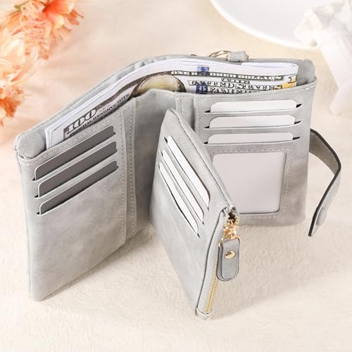 Custom Elegant Women's RFID Leather Wallet with Photo Insert,Card Slots, ID Window & Zipper Coin Purse – Stylish Bifold Design for Everyday Use, Mother's Day Gift for Her (Grey)2