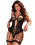 comeondear Dentelle Lingerie Sexy Femme Grande Taille Body Cruvy Sexy avec 2 Poignets de Cuisse Dessous Ensemble Lingerie Dos Nu Teddy Bretelles Réglables Top Élégants Tenue Hot Noir,XS S