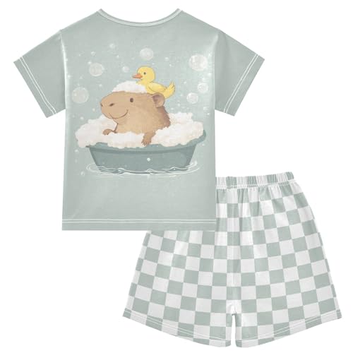 Checkerboard Plaid Duck Bath Bubble Teal Pajama Set Short Sleeve PJS 2 Piece Summer Pajamas Shorts Sets Cotton 5Y2