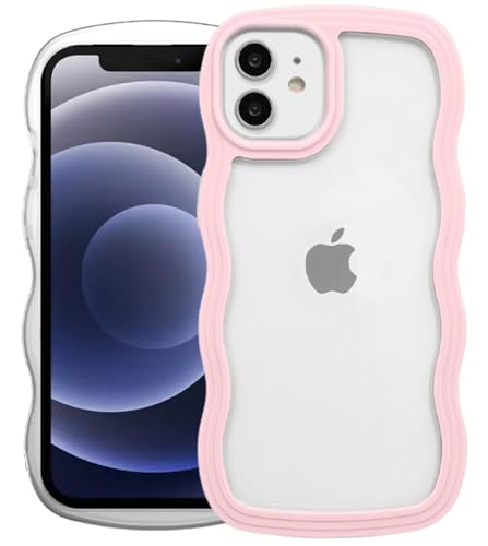 Image of GoldKart iPhone 12 /12 Pro Case Wavy Edge Clear Back Design, Anti-Slip Grip Cute Wave Curly Frame Shape Shockproof Soft TPU & Hard PC Bumper Protective Phone Case Cover for Women Girls - Pink