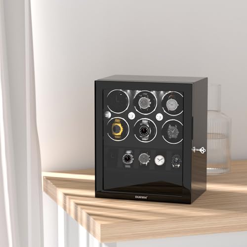 DUKWIN Watch Winder for 6 Automatic Watches,Lockable Watch Winders with Watch and Jewelry Storages, Super Quiet Mabuchi Motor with High-Gloss Piano Lacquer Finish,Built-in Illumination-Black by DUKWIN - Image 7