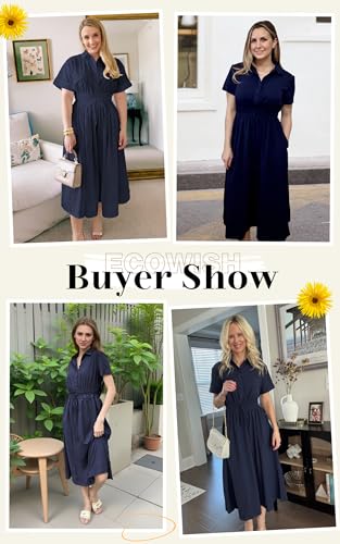ECOWISH Womens Midi Dress Summer Spring Short Sleeve Button Front Casual A Line Maxi Shirt Dresses with V Neck Pockets 20252