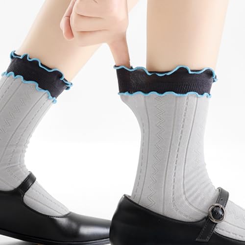 Image of Women Girls Summer Ruffle Turn-Cuff Casual Crew Socks Ultrathin Cute Breathable Knit Cotton Colorful Sock