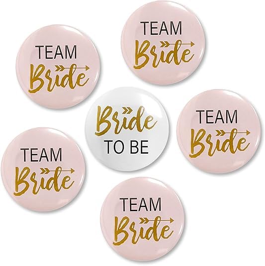 Bride To Be & Team Bride Buttons Pins Badges | Wedding Party Tinplate Badge Pins Set | Bridesmaid Group Badges | Bachelorette Party Kit - (Pack of 6)