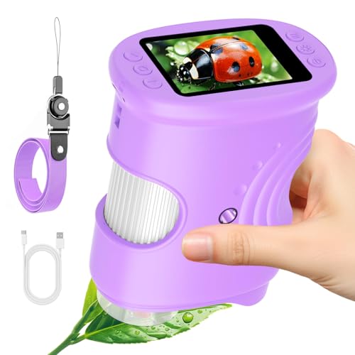 Ashfly Microscopio digitale per bambini, 1080P HD 2.0', schermo microscopio tascabile, microscope LED, collegamento a PC, mini microscopio esterno, regalo per 4-12 anni, viola