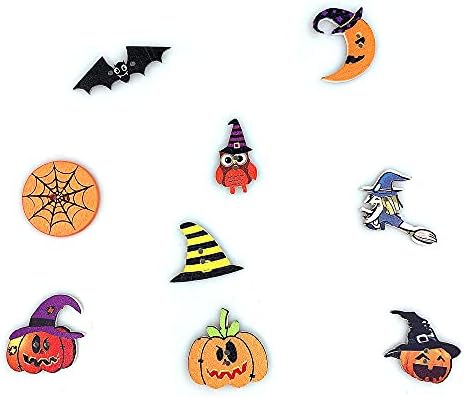 50Pcs Halloween Wooden Buttons Mixed Pumpkin Bat Witch 2 Holes Buttons for Sewing Art Craft, Halloween DIY Crafts, Scrapbooking, Sewing, Cardmaking
