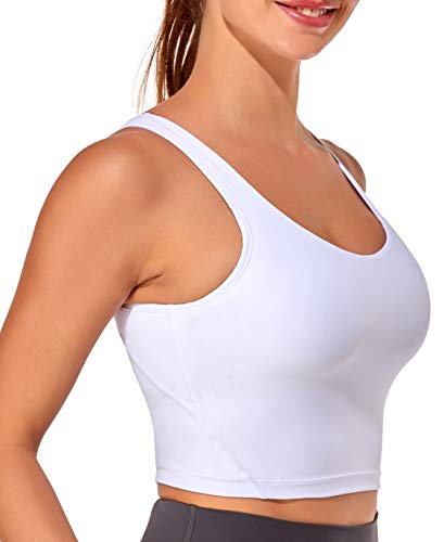 Image of Oalka Sports Bra Womens Longline Padded Crop Yoga Tank Tops | Built in Bras, Workout, Athletic, Fitness, Super Soft, Comfort, Cropped Top, Removable Pads, Heart Neckline For Women