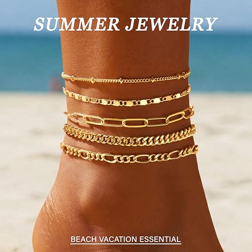 Ankle Bracelets for Women, 14k Gold Jewelry Set Waterproof Layered Cuban Figaro Link Chain Anklets Set Gold Anklets Summer Boho Beach Jewelry Gift Adjustable Size2
