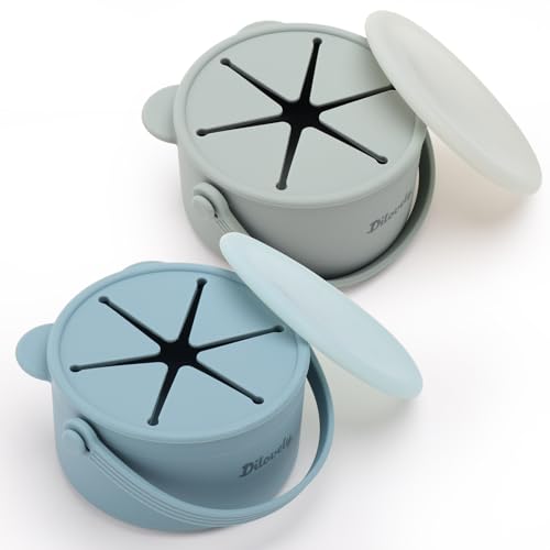Image of Dilovely Silicone Snack Cups for Toddlers, Toddler Snack Containers, Baby Treat Catcher with DustProof Lid 2 Pack Dishwasher Safe & BPA Free 9 Oz