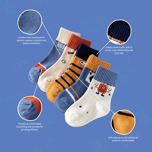 Baby Boys Girls Socks - Cotton Crew Toddler Socks With Fun Pattern Design - Pack of 5 Pair 1-5 Years2