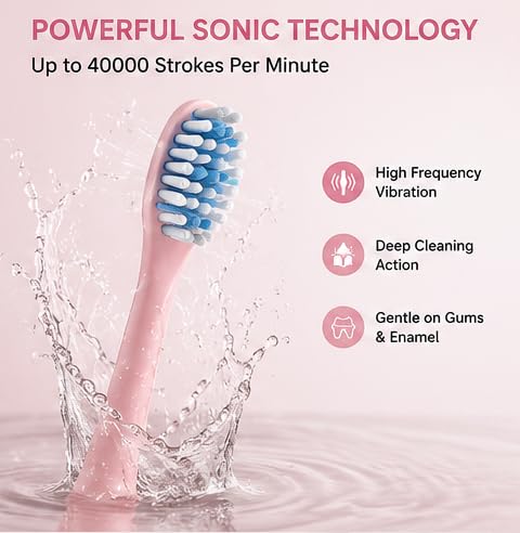 Image of Rechargeable Sonic Electric Toothbrush for Men & Women | Pink | 6 Cleaning Modes | 4 Replaceable Brush Heads | pack of 2