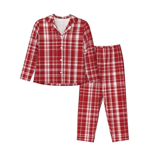 Pyjama assorti à manches longues pour femme en coton doux à carreaux rouges