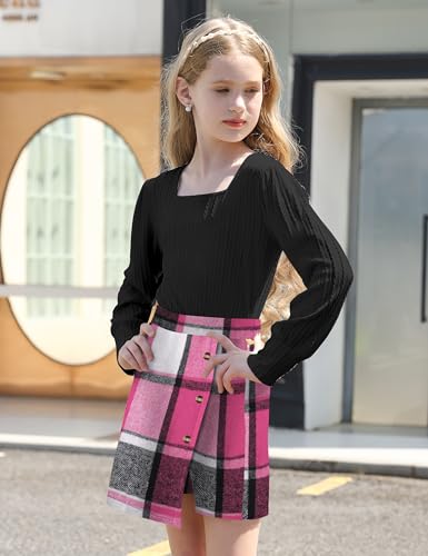 Image of AGAPENG Girl Skirt Sets 3 Piece Outfits Square Neck Jacquard Puff Sleeve Tops Plaid Mini Skirt Shorts Fall Winter Clothes