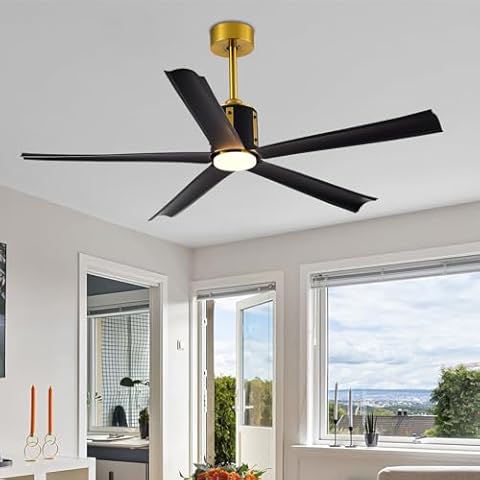 60 inch Ceiling Fan with Light and Remote Control, Large Black and Gold Ceiling Fan with 6 Speed DC Motor, Dimming Led Light, Modern Ceiling Fan for Bedroom,Living Room, Outdoor Fans for Patios Cover