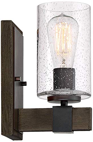 Image of Franklin Iron Works Poetry Industrial Farmhouse Rustic Wall Light Sconce Bronze Wood Grain Hardwired 4 3 /4 inch Fixture Clear Seedy Glass Shade for Cottage Core Bedroom Bedside Bathroom Vanity