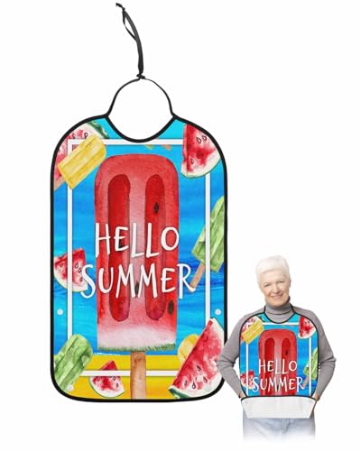 Watercolor Ice Cream Adult Bib for Adults Men, Women, Red Watermelon Summer Painting Washable & Adjustable Terry Cloth Bib with Crumb Catcher Reusable Waterproof Clothing Clothes Protector Apron