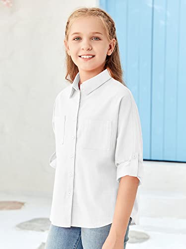 Modershe Girls Roll Up Cuffed Sleeve Button Down Shirts Cute Casual Pockets Blouses 5-14 Years Kids Loose Collared Tunic Tops White #TOP3