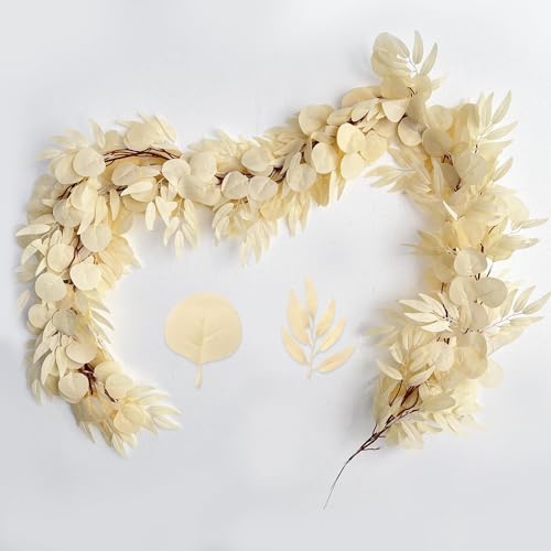 Greentime 2 Pack 6.5Ft Fake Champagne Greenery Garlands Eucalyptus Willow Garland for Mom’s Special Celebration Wedding Arch Swag Doorways Table Runner Staircase Fireplace Chair Home Party Decoration
