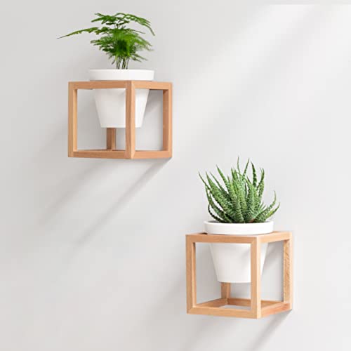 Kazai. Jardineras de Pared -Lille- | Macetas Colgantes en Marcos de Madera Maciza | Set de Porta Plantas de Cerámica y Madera para Paredes, Mesas y más | Marrón Natural