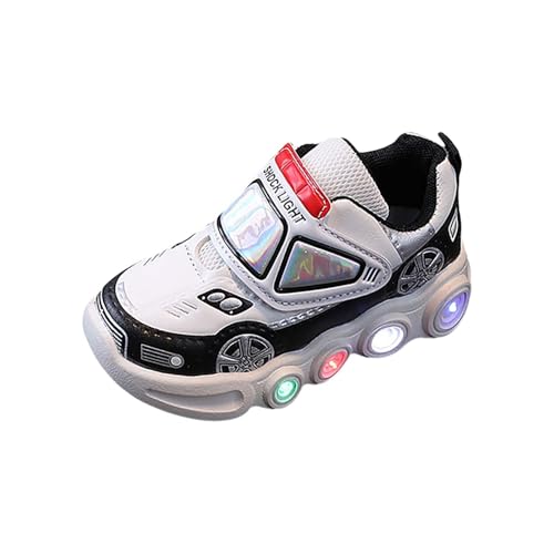 Light Up Toddler Boys Shoes Car Pattern LED Luminous Sport Sneaker, Little Fashion Cute Soft Sole Toddler Athletic Shoe (White, 6 Infant)