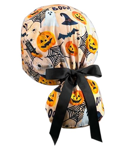 Image of Scrub Cap for Women and Men, Ponytail Scrub Caps, Working Hat, Head Cover with Ribbon Ties and Buttons, Long Hair