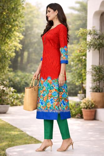 Image of Women's Cotton Blend Unstitched Kurti Set for Women | A-Line Style Dress Material | 2-Piece Traditional Ethnic Wear Suit Fabric
