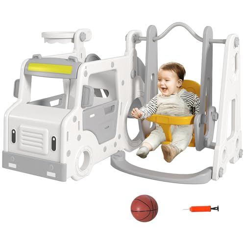 AIYAPLAY Gioco 6 in 1 per Bambini Con Scivolo, Canestro e Macchinina Con Volante - Regalo da 18-48 Mesi, Bianco