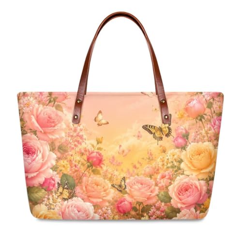 Sannovo Butterfly Peony Printed Top Handle Shoulder Bag Womens Tote Bag Large Handbag Lightweight Shoulder Purse for Travel, Pink
