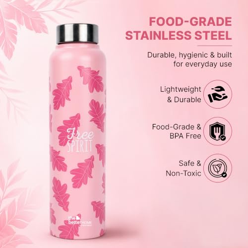 Image of The Better Home Stainless Steel Water Bottle 1 Litre | Leak Proof, BPA Free, Rust Proof | Printed Sipper Bottle for Office, Gym, School, Travel, Kids & Adults | Free Spirit Quote | Pink