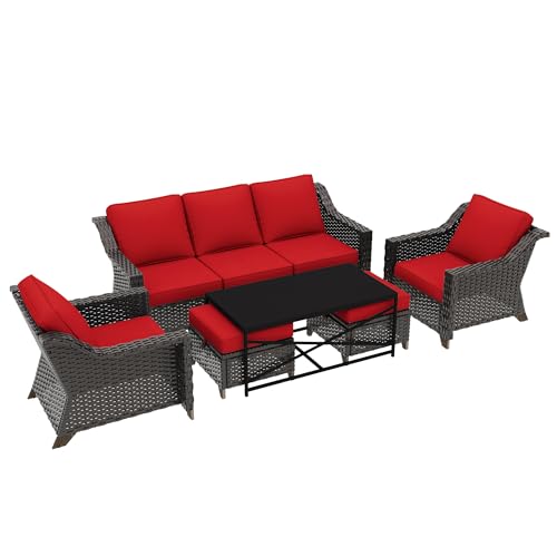 Image of 6 Pieces Outdoor Conversation Furniture Set - 77 inch Patio Sofa, 2 Armchairs, 2 Ottomans, 1 Metal Table, Patio Wicker Couch Set with Washable Cushions for Swimming Pool (Red) | Patio Chair Set with Olefin Removable Cushion, All-Weather Outdoor Couch with Deep Seat for Porch, Deck and Backyard, Red