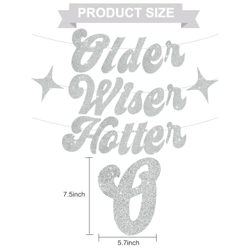 Image of BEISHIDA Glitter Silver Older Wiser Hotter Banner with Star, Funny Birthday Banner 30th 40th 50th 60th 70th 80th Party Decorations