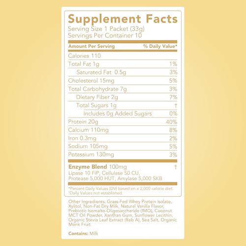 Image of Clean Simple Eats Whey Isolate Protein Powder, Simply Vanilla, Naturally Sweetened, Zero Added Sugar, 20g 100% Grass Fed Protein Powder with Digestive Enzymes, Gluten Free, Non GMO, 10 Stick Packs