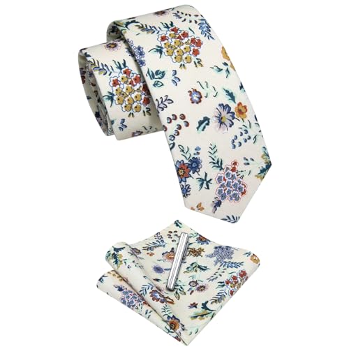 Image of YourTies Cotton Floral Tie for Men 2.5 inch Printed Skinny Necktie Pocket Square Tie Clip Set Flower Wedding Party Groom