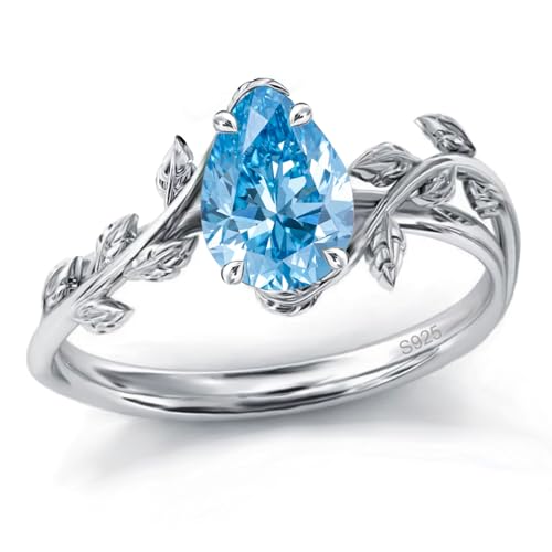 December Birthstone Ring 925 Sterling Silver Blue Topaz Ring Pear Shaped Leaf Promise Ring for Her...