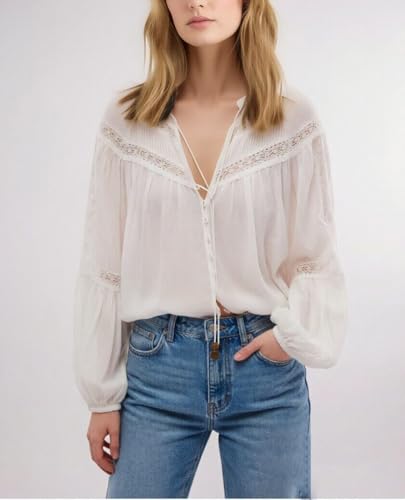 Image of Women Summer Sheer Tie Front Top Y2k Peplum Chiffon Blouse Eyelet Long Sleeve Flowy Lace Beach Cover Up Boho Tops