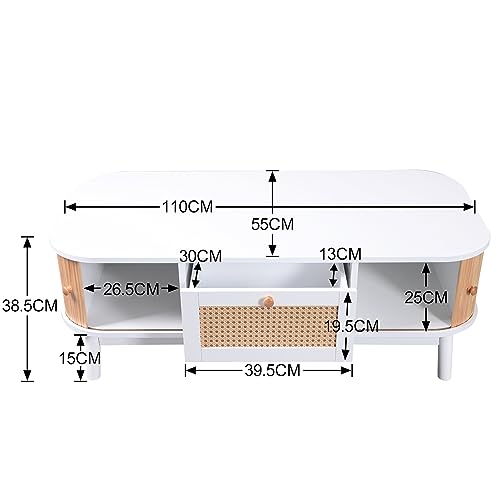 Table basse rotin blanc 110 cm avec tiroirs Sweiko