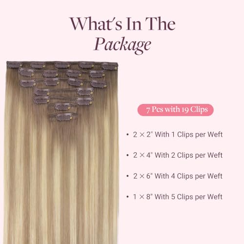 Image of GOO GOO Clip in Hair Extensions Real Human Hair, Clip Ins for Women Instant Volume Natural Blend Beginner Friendly Daily Wear, 22inch 170g 7Pcs, #R5E /9A /60H Espresso Root Ash Blonde Balayage