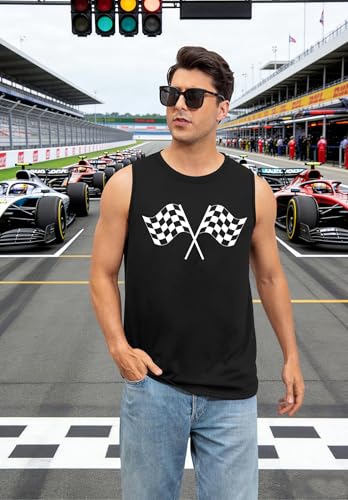 PICKID Racing Tank Tops for Men: Checkered Flag Graphic Car Shirt Race Lover Sleeveless Shirts Summer Race Day Top — view 2