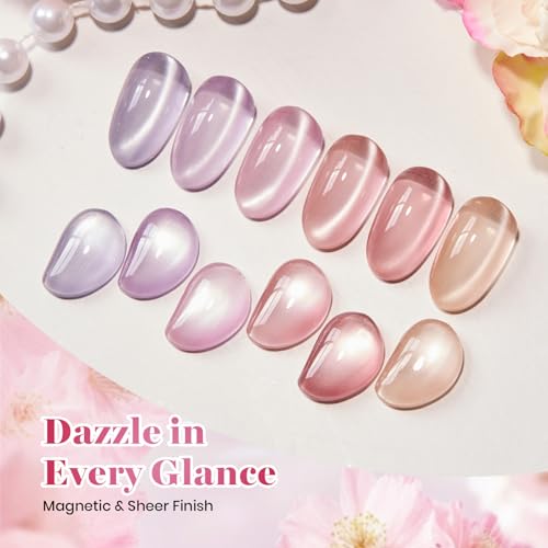 Image of Beetles Silken Moonlight Cat Eye Gel Nail Polish Set - 6 Colors 15ML Full Size Purple Pink Nude Cat Eye Gel Polish Kit Glitter Magnetic Effect Soak Off UV Nail Art DIY at Home Manicure for Women