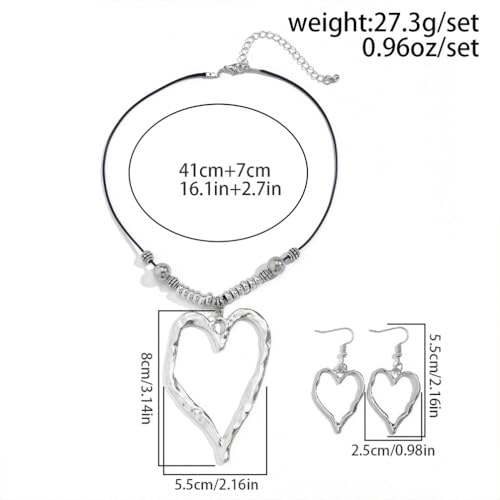 Boho Large Heart Necklaces Earrings for Women, Chunky Big Love Hearts Pendant Beaded Rope Necklace Earring Vintage Y2k Statement Cowgirl Western Jewelry Gifts4