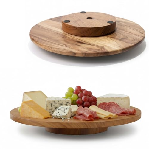 LS-LebenStil Nachhaltige Holz Drehplatte 37cm Premium Akazie Kugellager Drehteller Drehtablett Servierplatte Servierteller Serviertablett Pizzateller Vesperbrett Käsebrett Tablett Drehkabinett Kuchen