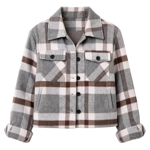 Crop Jackets for Women Plaid Vintage Button Down Collared Fall Coats - image 4