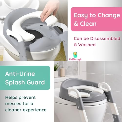 Image of KidDough Potty Training Seat with Ladder, Splash Guard, Handle and Cushion Seat, Polypropylene, Grey, Modern Style, for Kids (Potty Seat with Ladder, Grey)