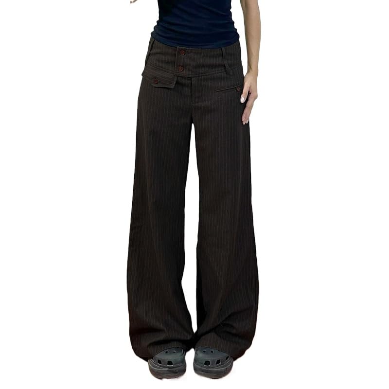 heyheyshine Striped Pants Women Color Block High Elastic Waisted Drawstring Straight Wide Leg Casual Y2k Pants Work Trousers