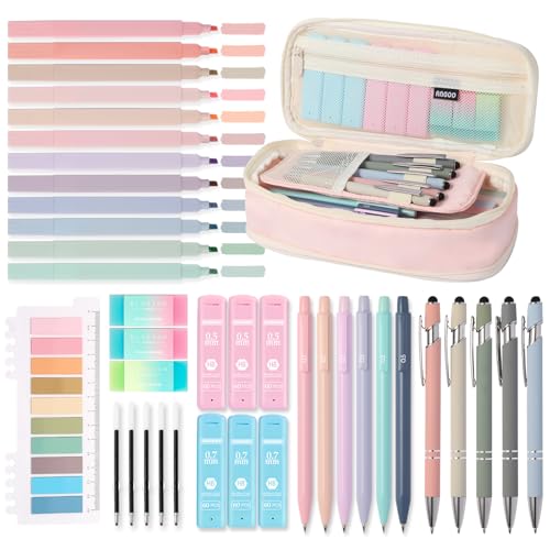 39PCS Aesthetic School Supplies with Cute Pencil Case 5X Ballpoint Pens with Stylus Tip 12X Pastel Highlighters 6X Mechanical Pencil Set 0.5&0.7mm Suit for Preppy School College Essentials (pink)