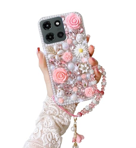 SupShop for Moto G 2025/2026,G Play 2026 Bling Case Luxury Cute Diamond Glitter Crystal Rhinestone 3D Rose Flowers Pearl Handmade Phone Cover for Women Girls with Wrist Strap,Pink
