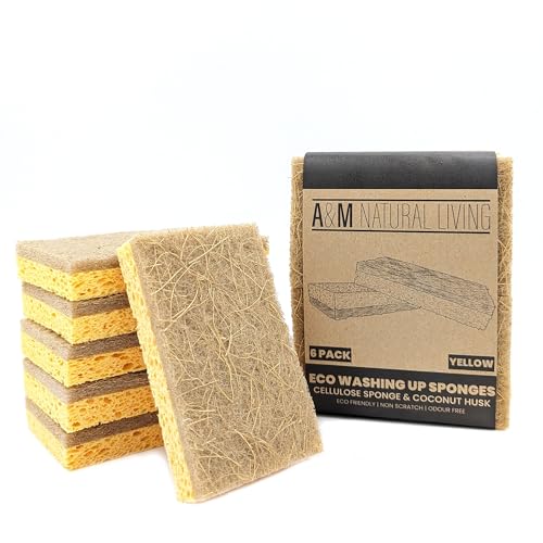 A&M Natural Living Eco Sponge Pack of 6, Yellow Compostable Biodegradable Washing Up Sponge with Coconut Husk Scourer Pad