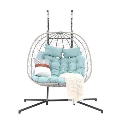 Patiorama 2 Person Double Egg Swing Chair With Stand Indoor Outdoor, Patio Wicker Rattan Hanging Egg Chair W/Cushion, Pillow, Foldable Hammock Chair 550Lbs For Bedroom thumb #8