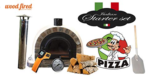 White Pro Deluxe Wood Fired Pizza Oven Starter Kit, Stone Arch, Cast Iron Window Door, 90cm x 90cm