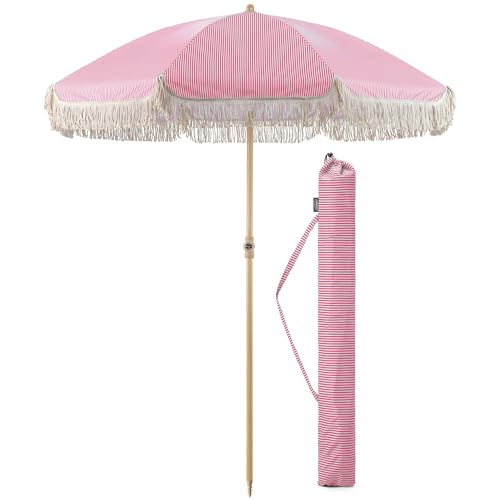 CHRISTOW Portable Garden Parasol with Tilt, 2m Cotton Tassel Beach Umbrella, Outdoor Patio Sunshade,...